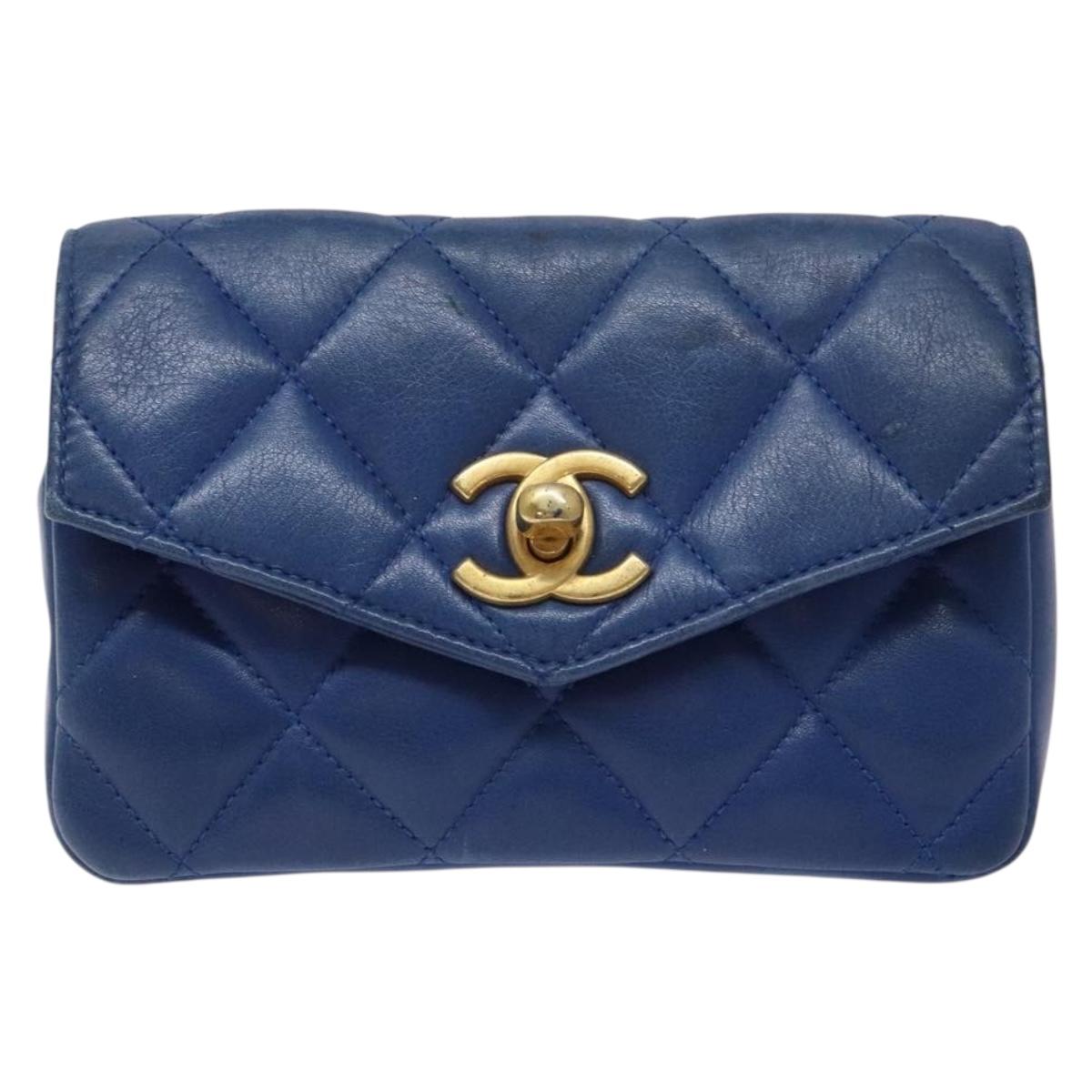 CHANEL Matelasse Pouch Lamb Skin Blue Gold CC Auth 140359
