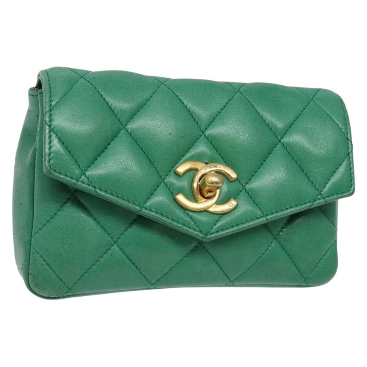 CHANEL Matelasse Pouch Lamb Skin Green Gold CC Auth 140360
