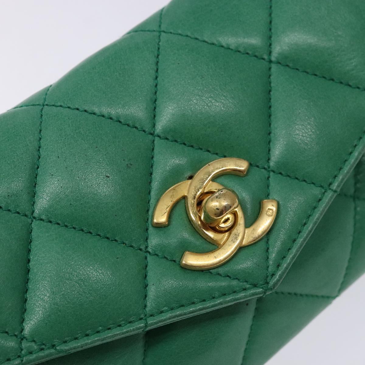 CHANEL Matelasse Pouch Lamb Skin Green Gold CC Auth 140360