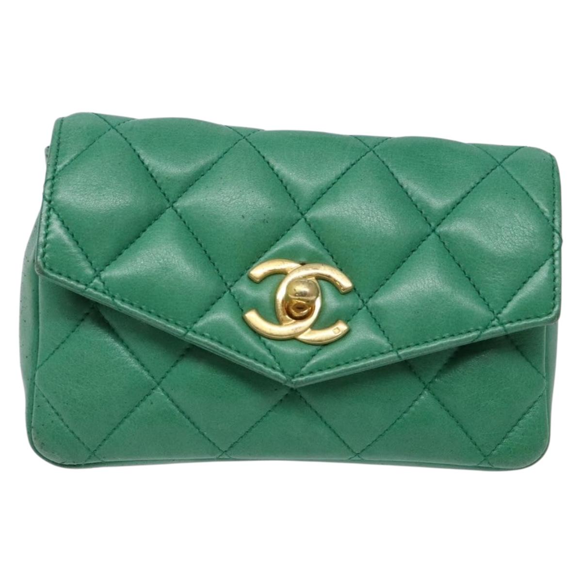 CHANEL Matelasse Pouch Lamb Skin Green Gold CC Auth 140360