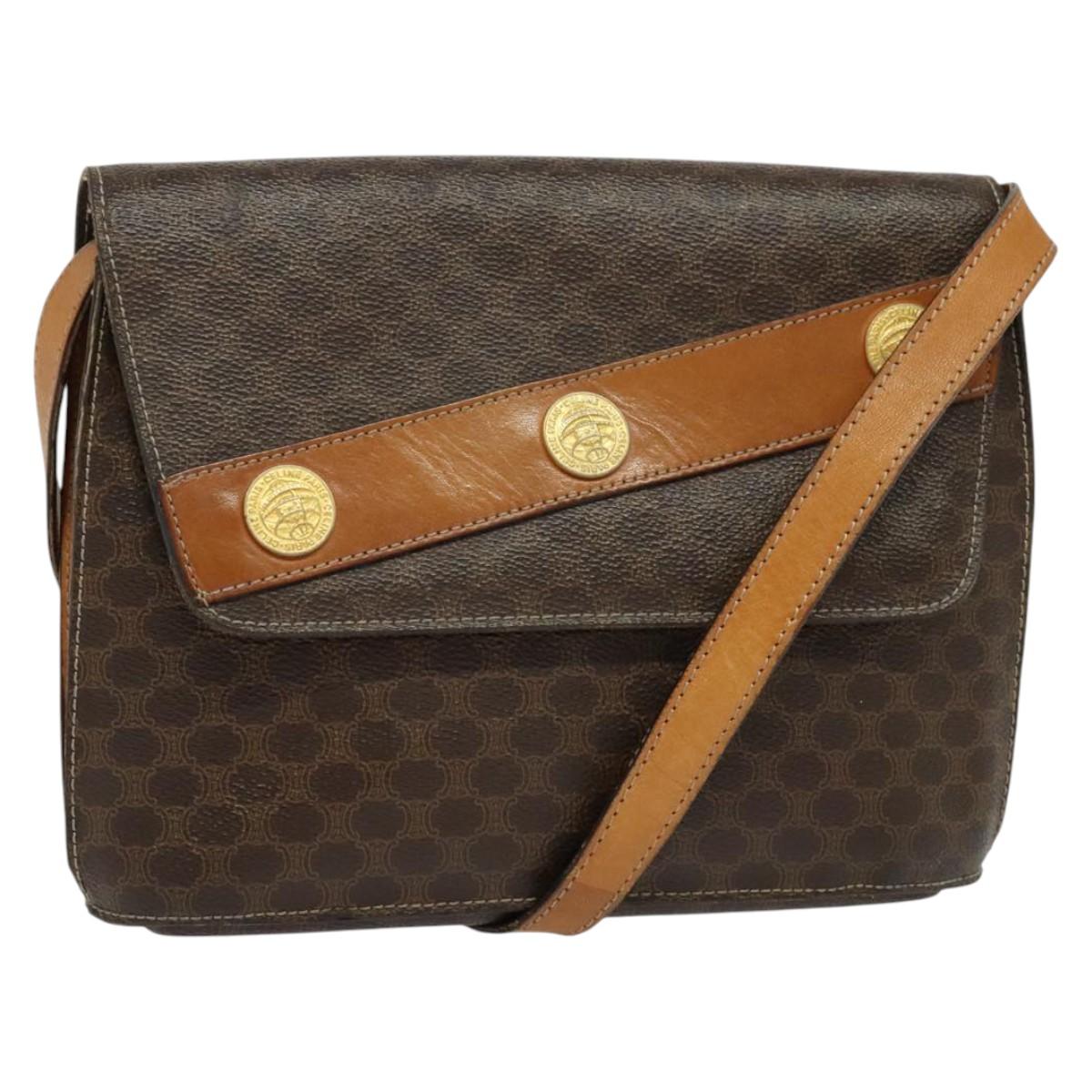 CELINE Macadam Canvas Shoulder Bag PVC Leather Brown Gold Auth 140473