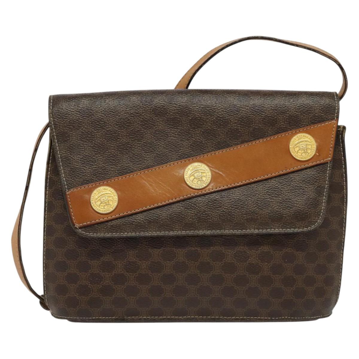 CELINE Macadam Canvas Shoulder Bag PVC Leather Brown Gold Auth 140473