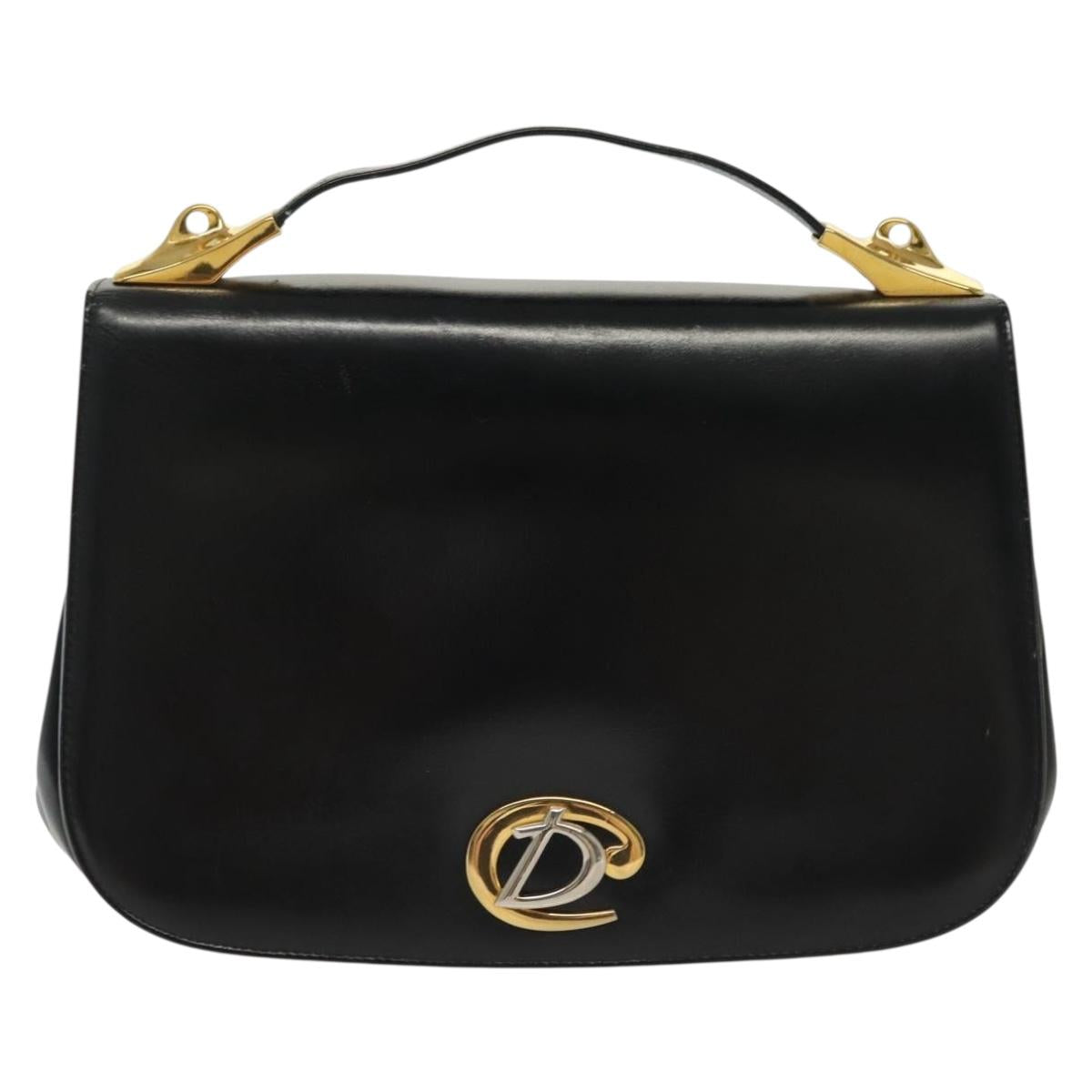 Christian Dior Hand Bag Calf Skin Black Gold Auth 140479
