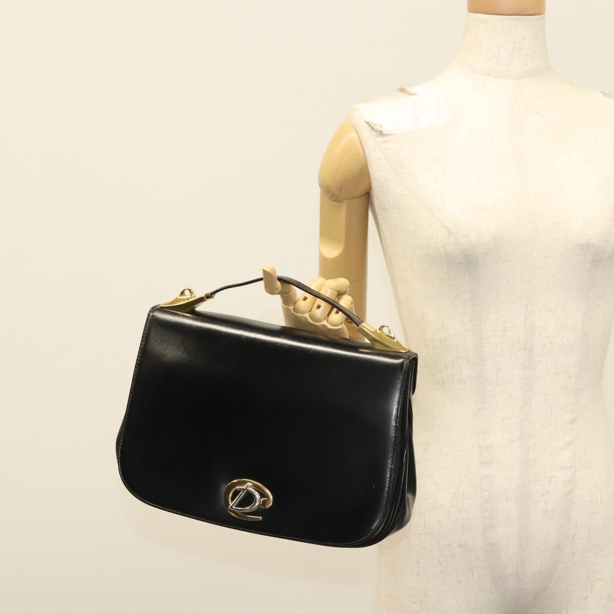 Christian Dior Hand Bag Calf Skin Black Gold Auth 140479