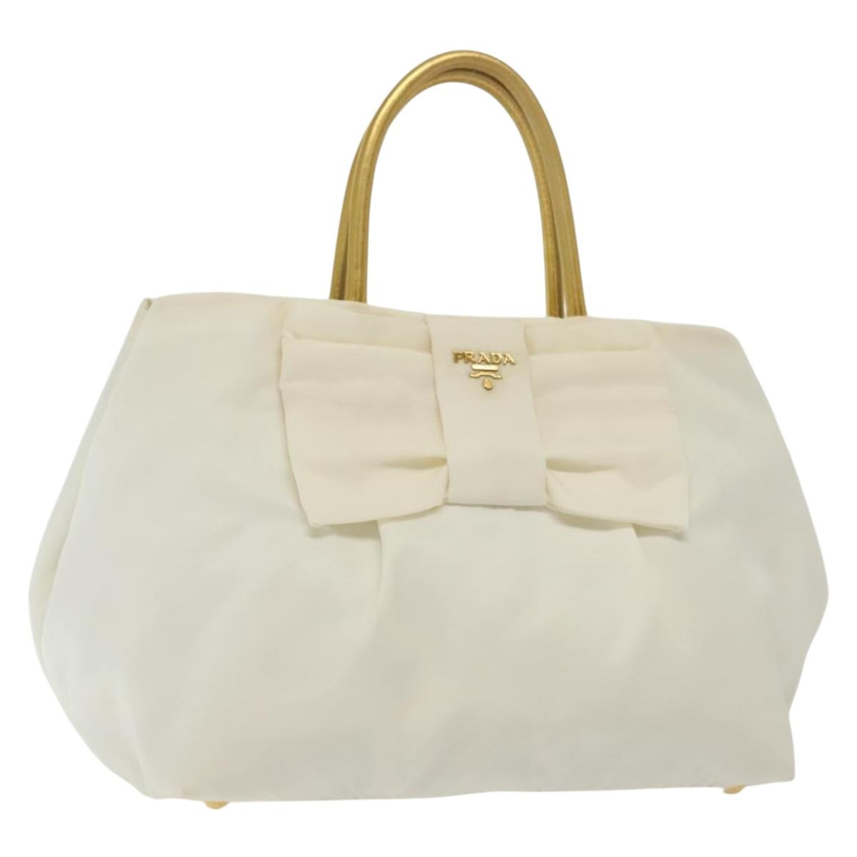 PRADA Ribbon Hand Bag Nylon White Gold Auth 140482