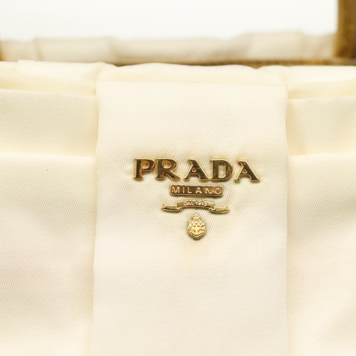 PRADA Ribbon Hand Bag Nylon White Gold Auth 140482