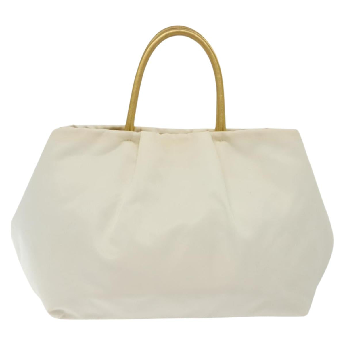 PRADA Ribbon Hand Bag Nylon White Gold Auth 140482