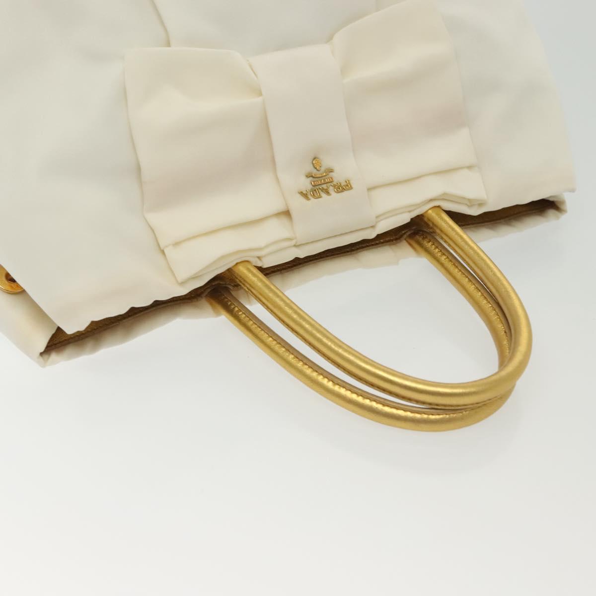 PRADA Ribbon Hand Bag Nylon White Gold Auth 140482