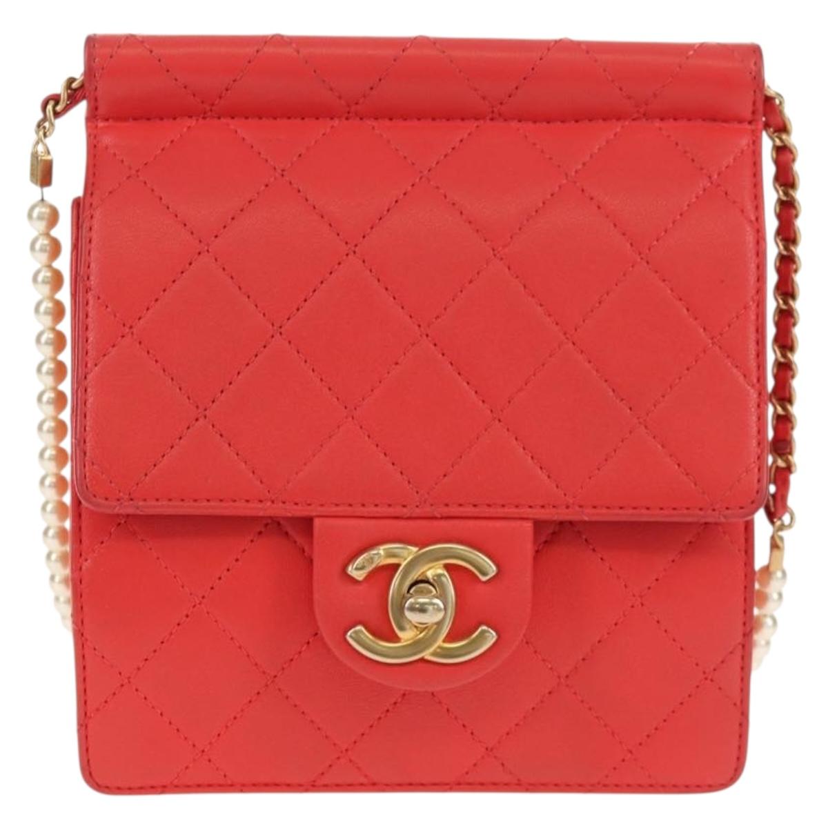 CHANEL Chain Matelasse Shoulder Bag Calf Skin 2way Red Gold CC Auth 140496M