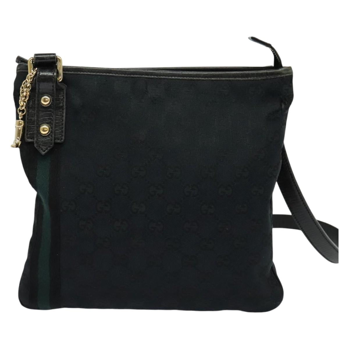 GUCCI GG Canvas Sherry Line Shoulder Bag Black Gold 144388 Auth 140536