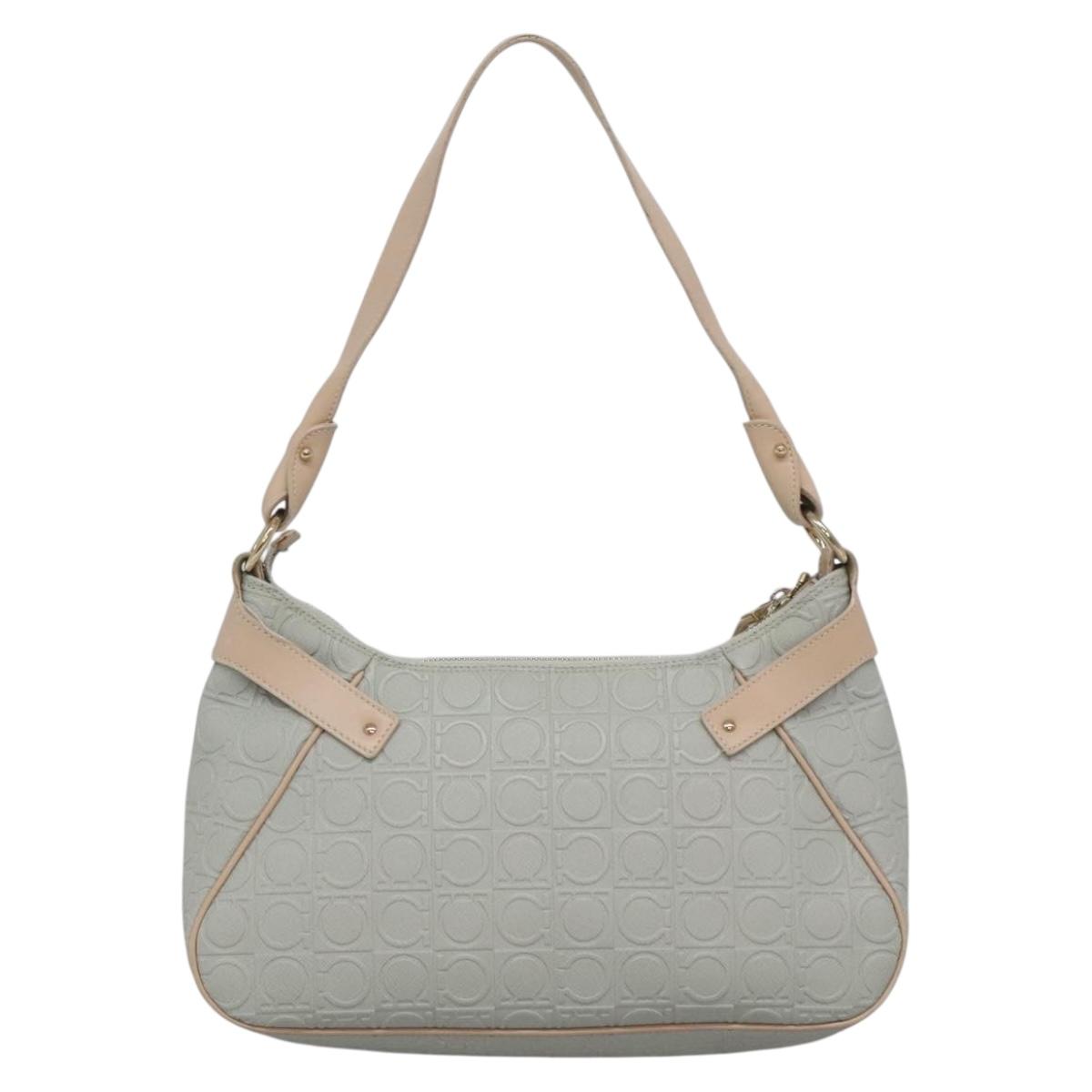 Salvatore Ferragamo Gancini Shoulder Bag Leather Gray Beige gold Auth 140541