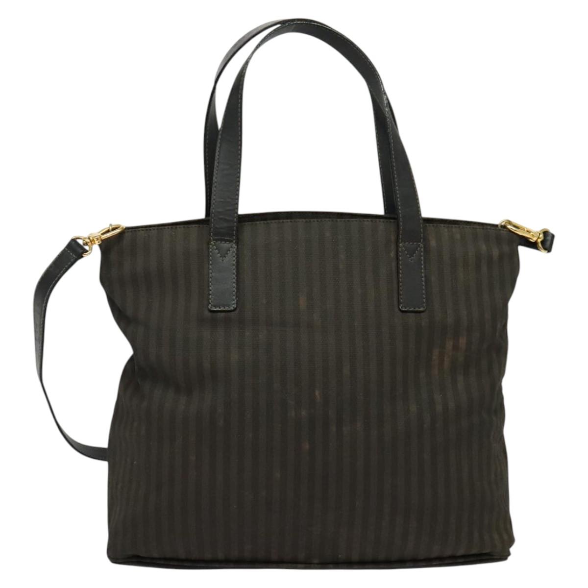FENDI Pecan Canvas Tote Bag PVC 2way Black Brown gold Auth 140547