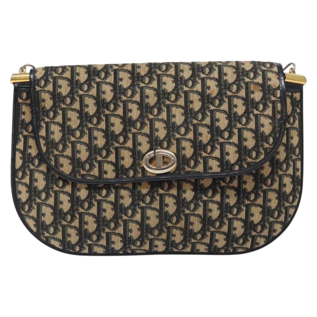 Christian Dior Trotter Canvas Shoulder Bag Navy Gold Auth 140606