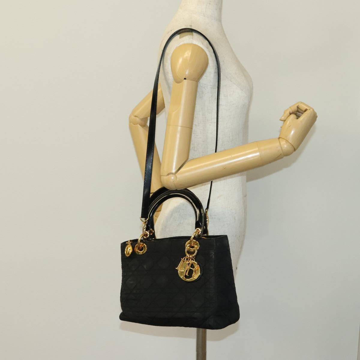 Christian Dior Canage Hand Bag Nylon 2way Black Gold Auth 140608