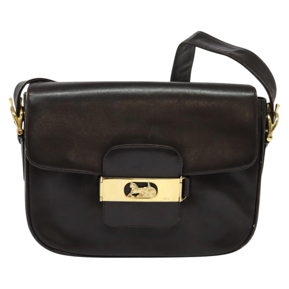 CELINE Horse Carriage Shoulder Bag Leather Brown Gold Auth 140615