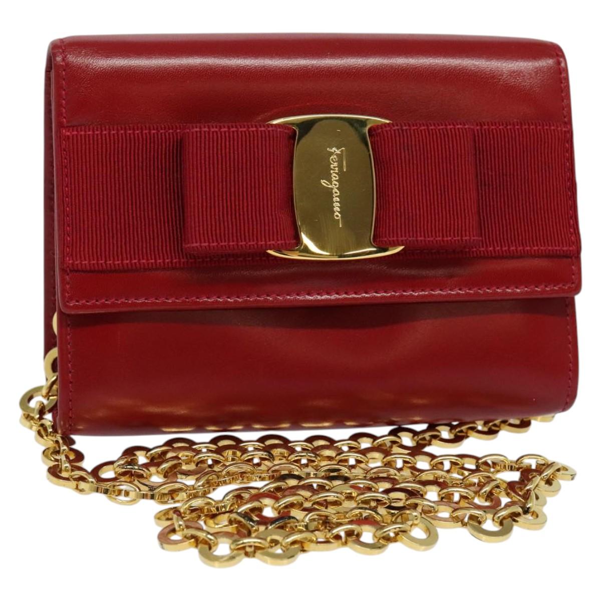Salvatore Ferragamo Vala Chain Mini Shoulder Bag Leather Red Gold Auth 140616