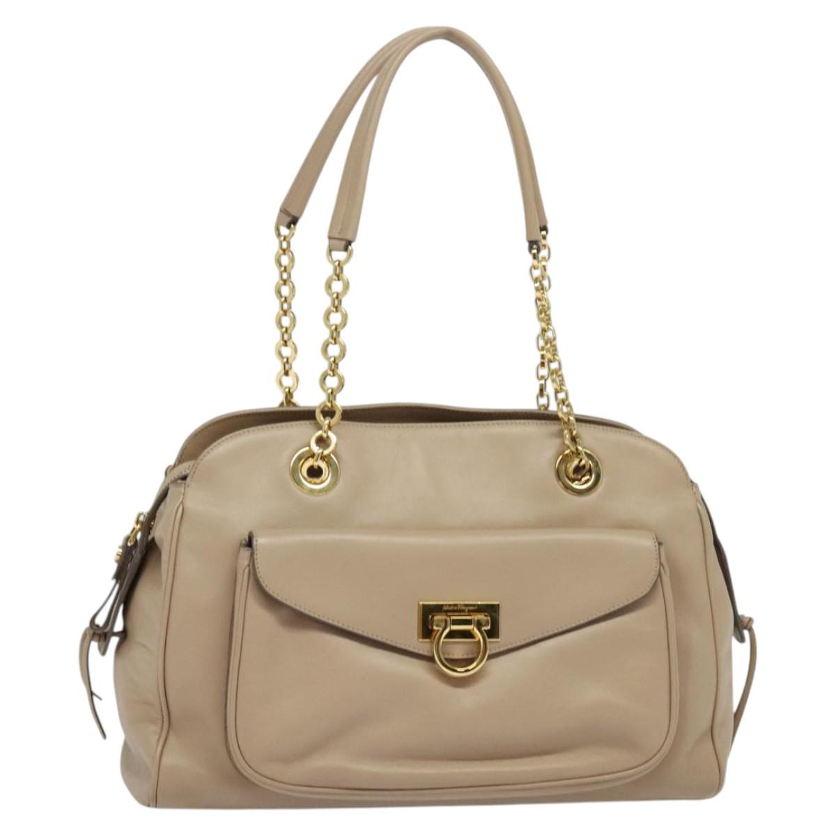 Salvatore Ferragamo Gancini Tote Bag Leather Beige Gold Auth 140617