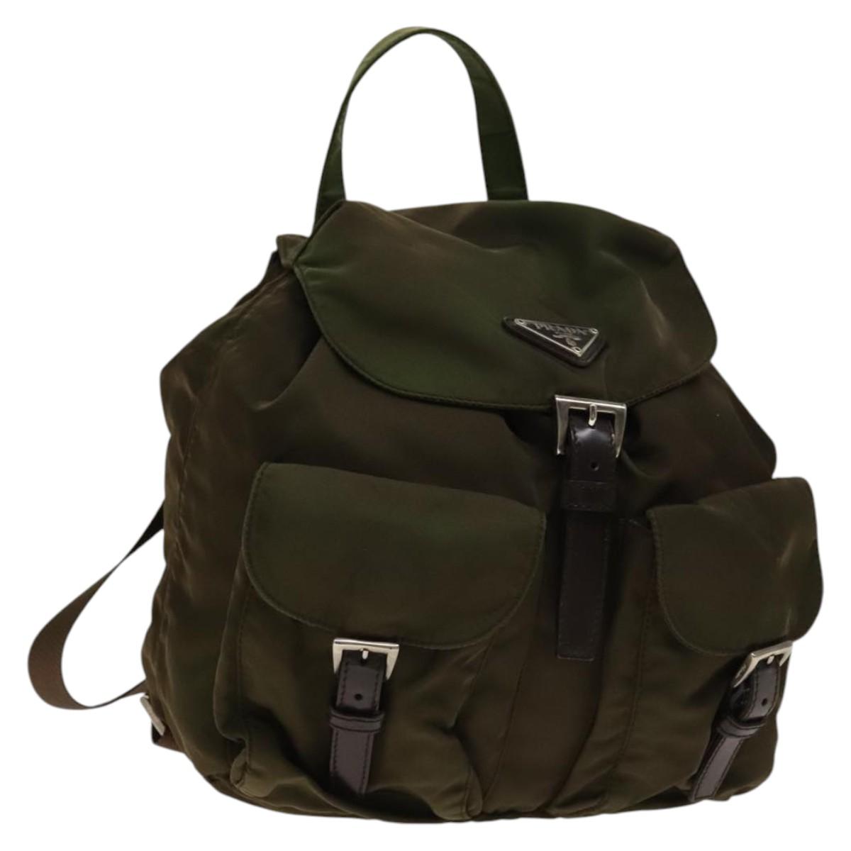 PRADA Backpack Nylon Khaki Silver Auth 140624