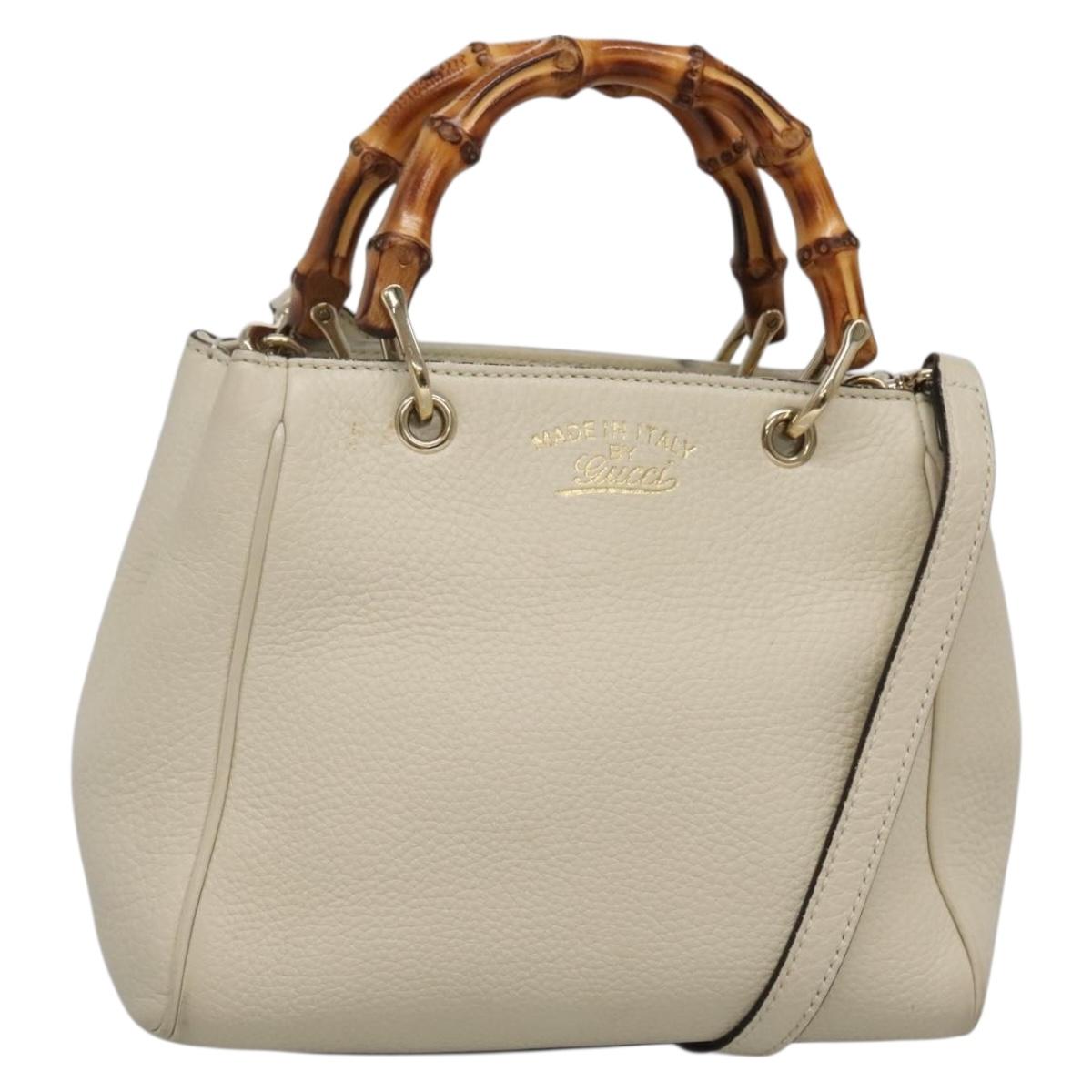 GUCCI Bamboo Hand Bag Leather 2way White Gold 368823 Auth 140639