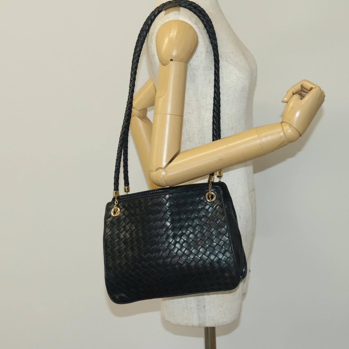 BOTTEGA VENETA INTRECCIATO Shoulder Bag Leather Navy Gold Auth 140642