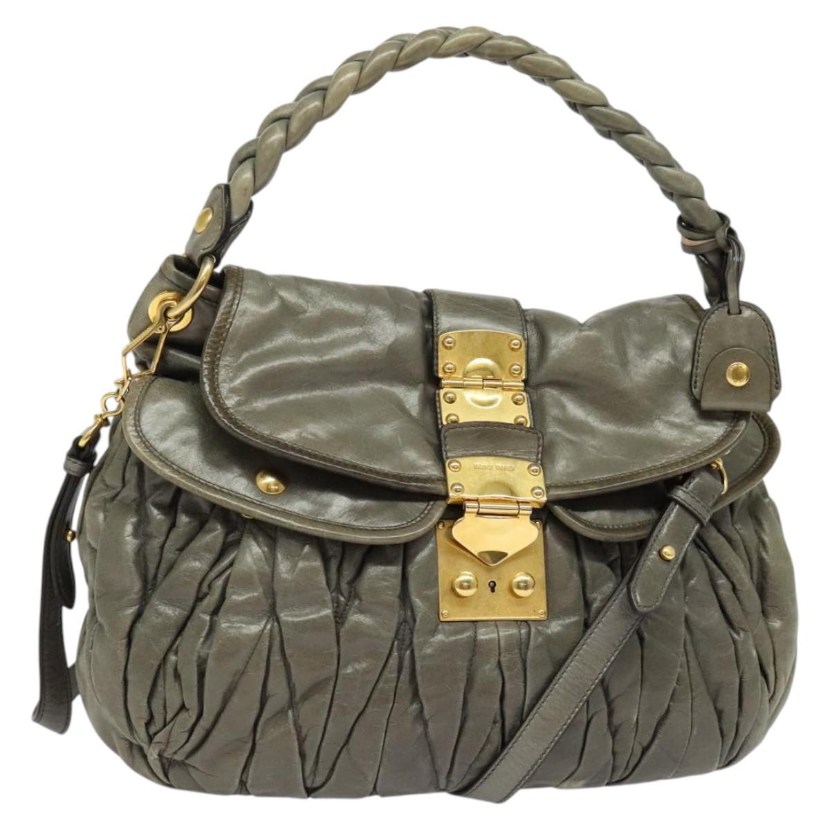 Miu Miu Matelasse Shoulder Bag Leather 2way Gray Gold Auth 140677