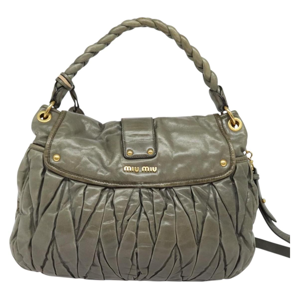 Miu Miu Matelasse Shoulder Bag Leather 2way Gray Gold Auth 140677