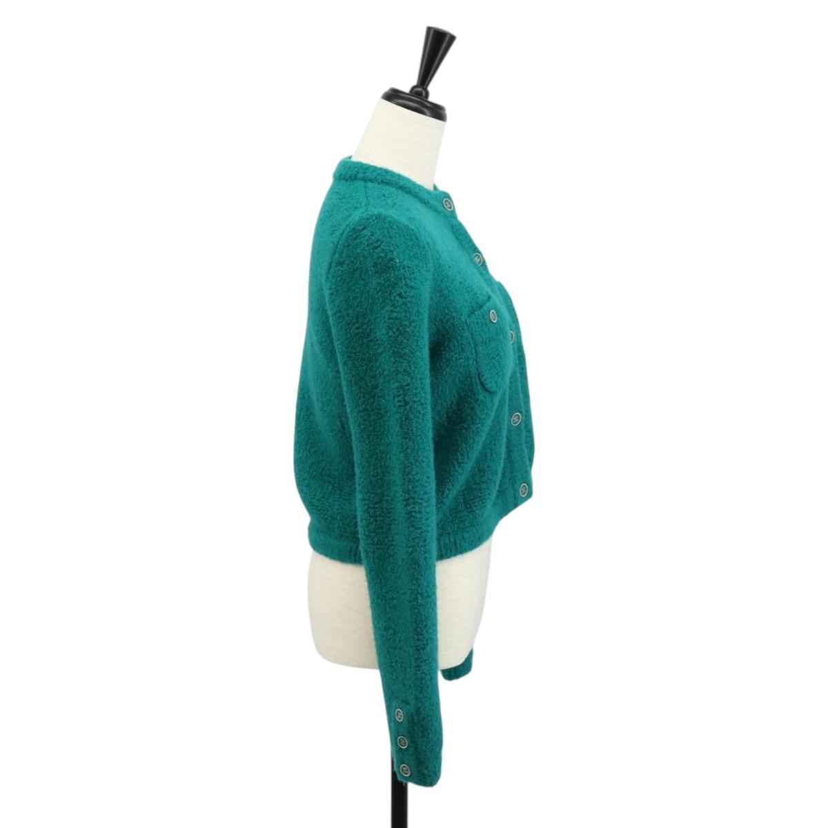 CHANEL Jacket Tweed Green Silver CC Auth 140691M