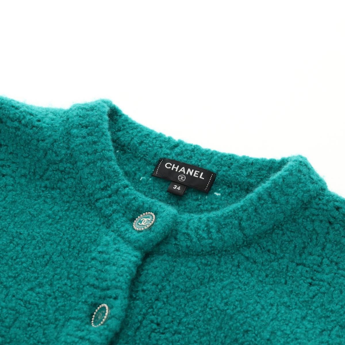 CHANEL Jacket Tweed Green Silver CC Auth 140691M