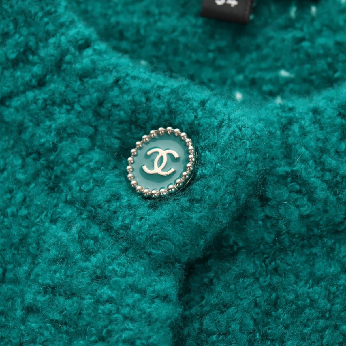 CHANEL Jacket Tweed Green Silver CC Auth 140691M