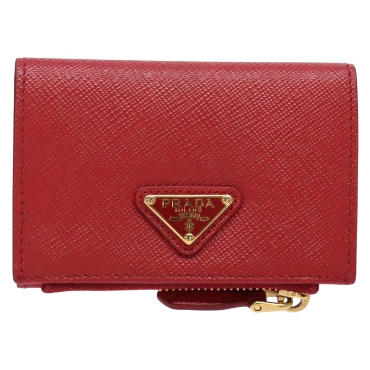 PRADA Card Case Safiano leather Red Gold Auth 140692