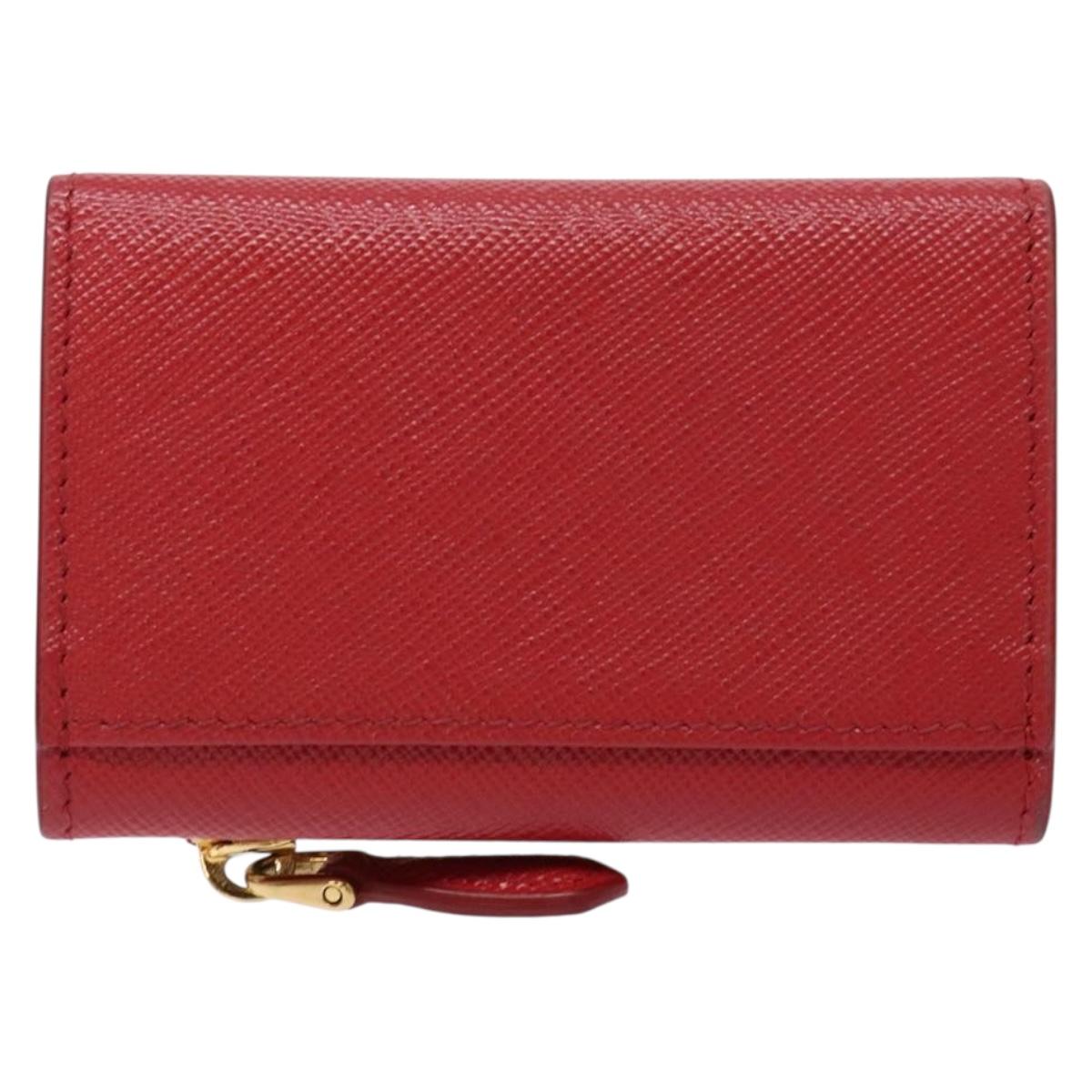 PRADA Card Case Safiano leather Red Gold Auth 140692