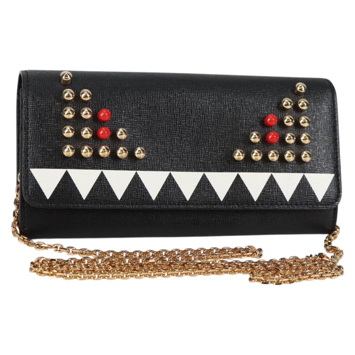 FENDI Chain Long Wallet Leather Black Gold Auth 140694M