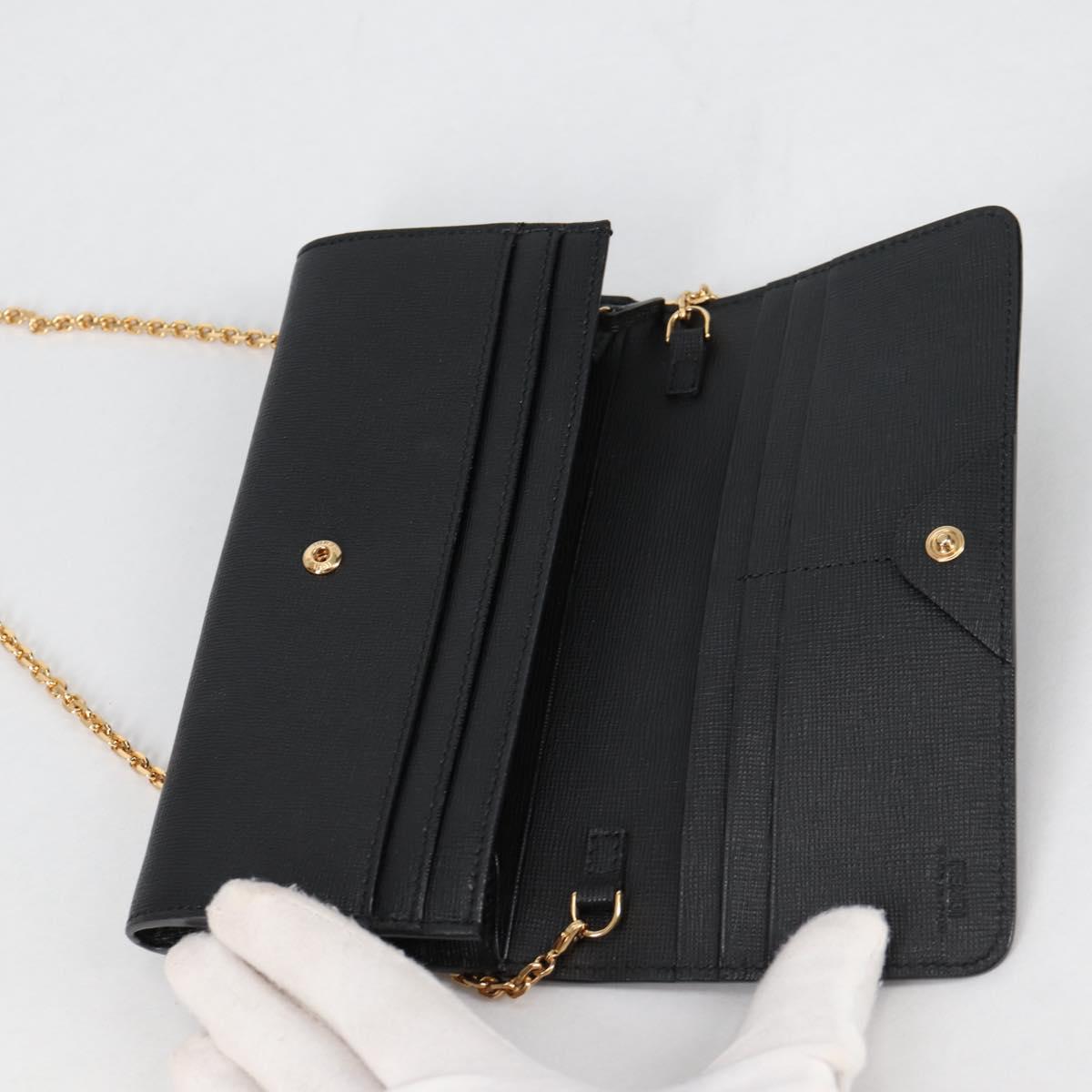FENDI Chain Long Wallet Leather Black Gold Auth 140694M