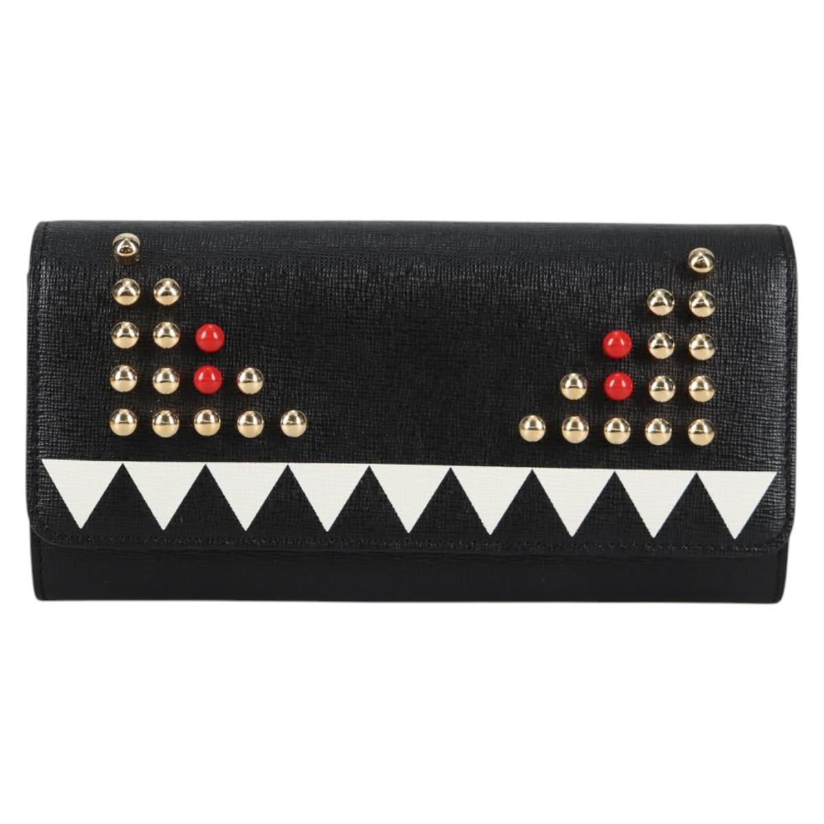 FENDI Chain Long Wallet Leather Black Gold Auth 140694M