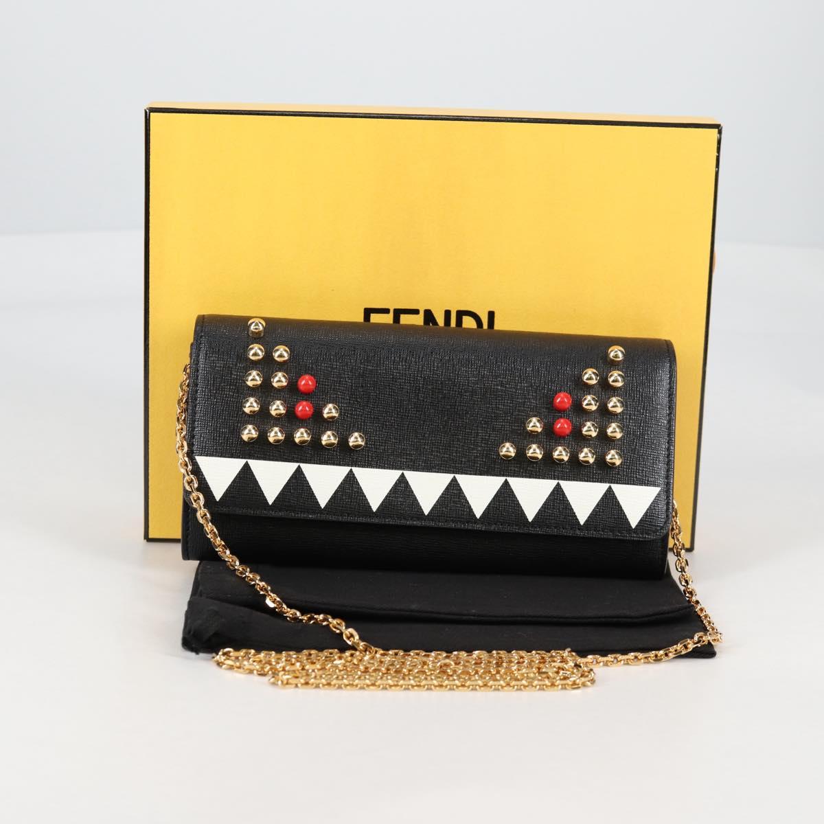 FENDI Chain Long Wallet Leather Black Gold Auth 140694M