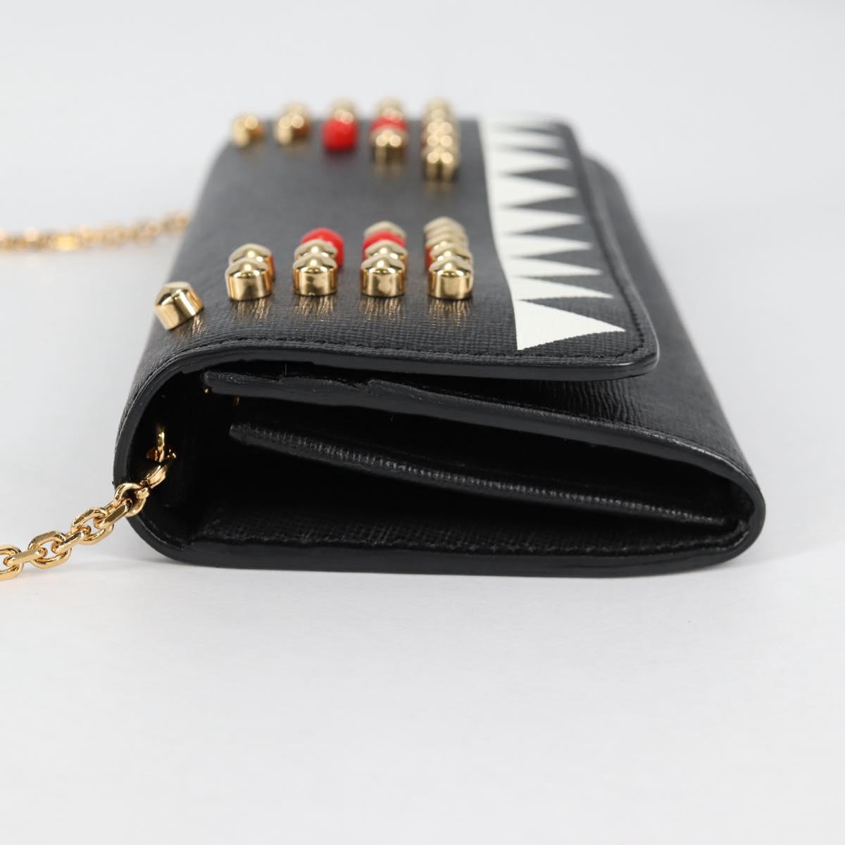 FENDI Chain Long Wallet Leather Black Gold Auth 140694M