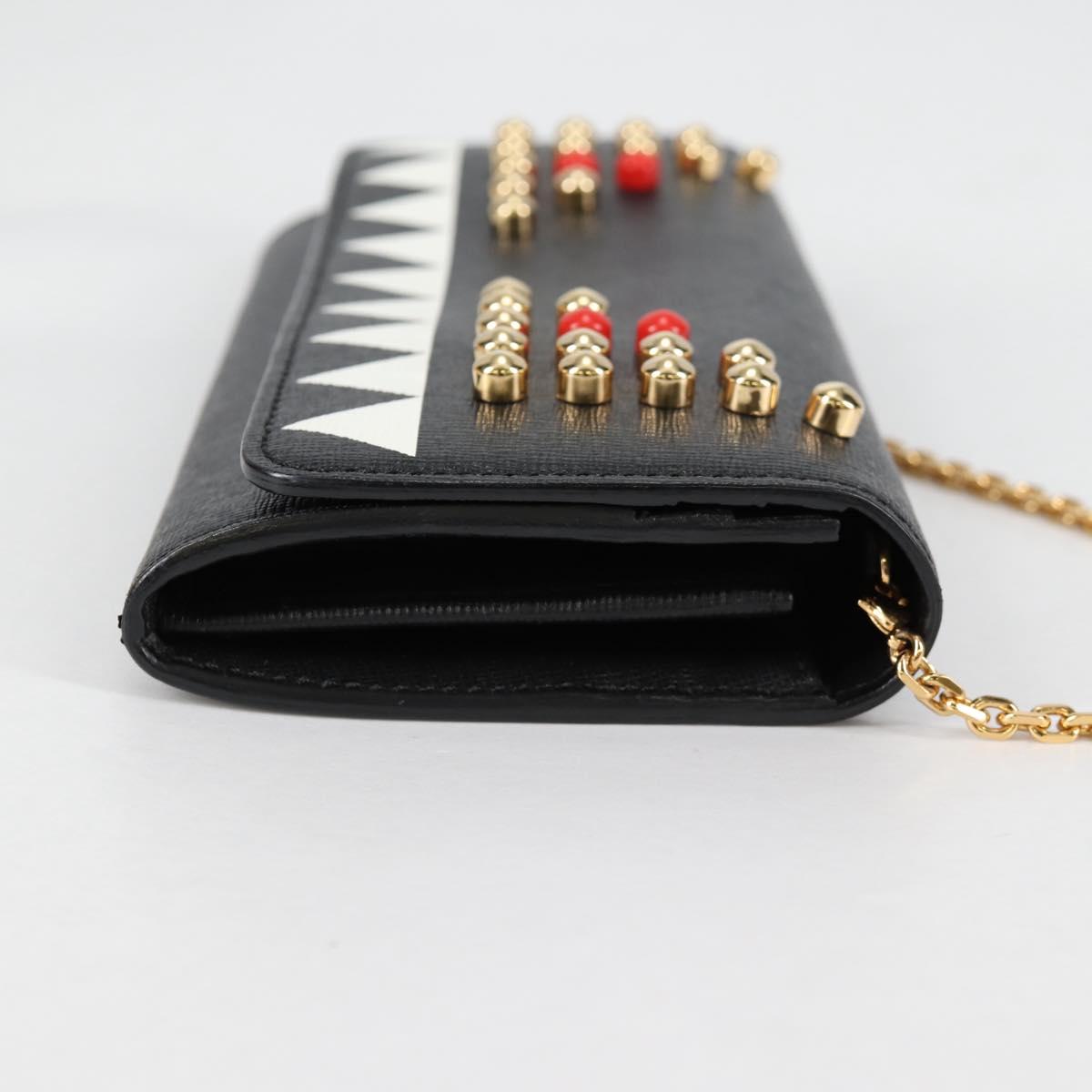 FENDI Chain Long Wallet Leather Black Gold Auth 140694M
