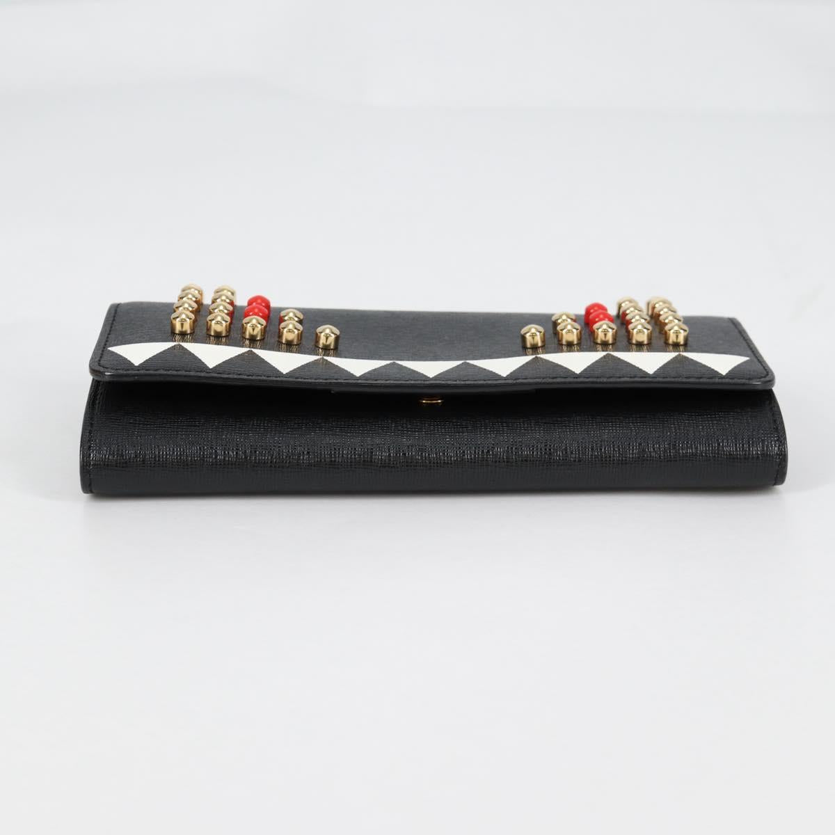 FENDI Chain Long Wallet Leather Black Gold Auth 140694M