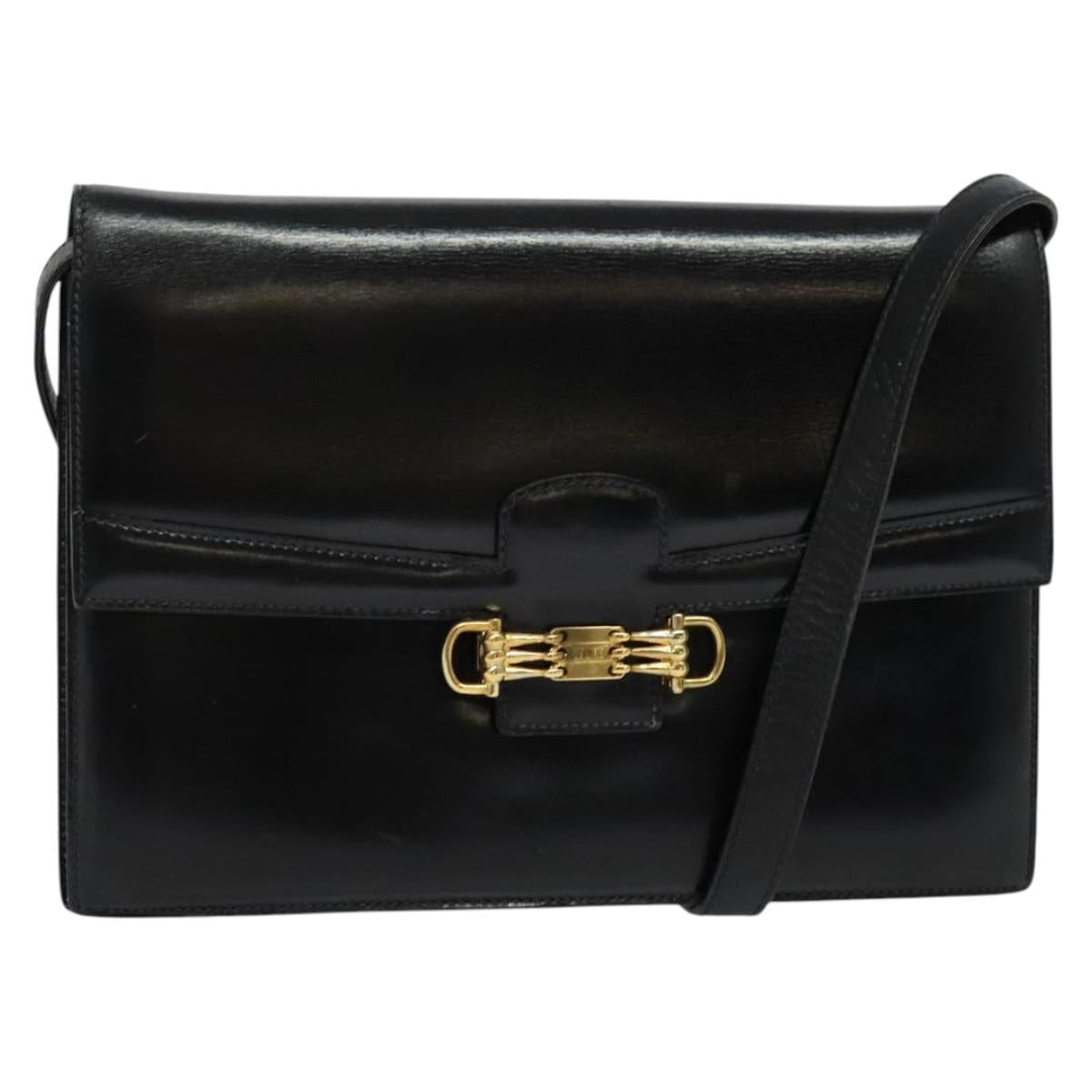 CELINE Shoulder Bag Leather Black Gold Auth 140718