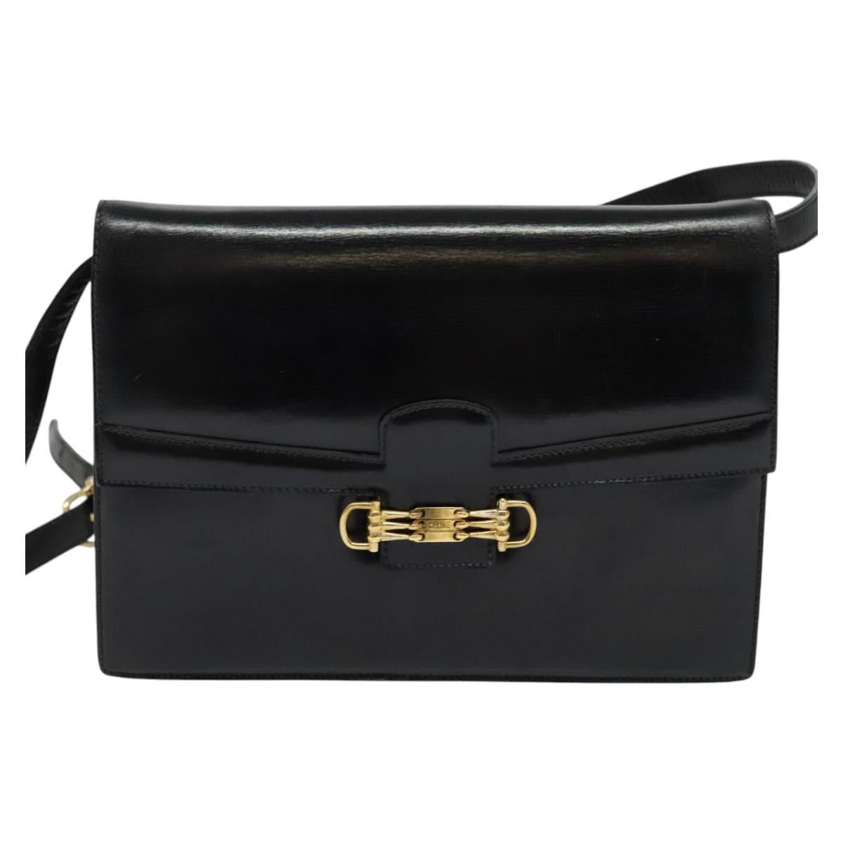 CELINE Shoulder Bag Leather Black Gold Auth 140718
