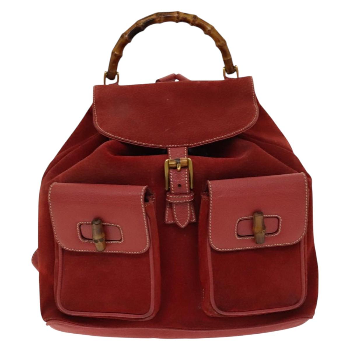 GUCCI Bamboo Backpack Suede Red Gold 003 2058 0016 Auth 140726