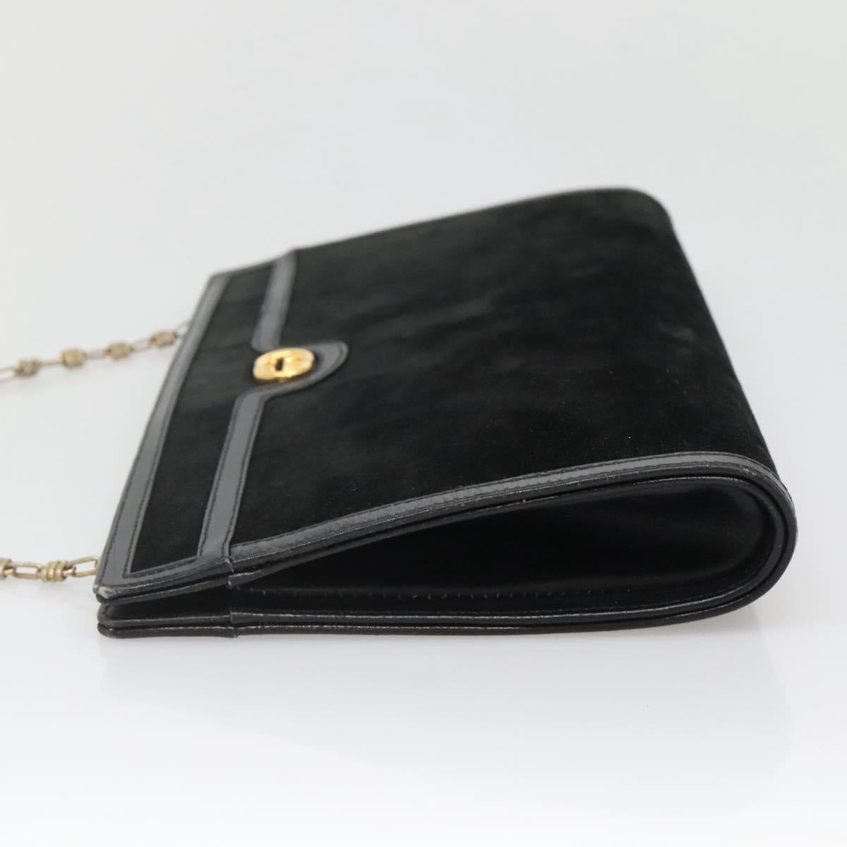 GUCCI Chain Shoulder Bag Suede Black Gold Auth 140787