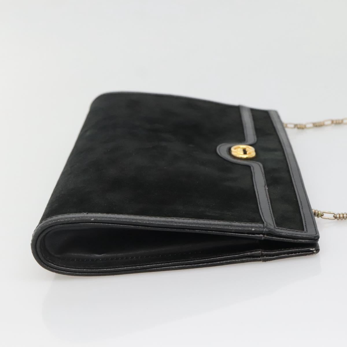 GUCCI Chain Shoulder Bag Suede Black Gold Auth 140787