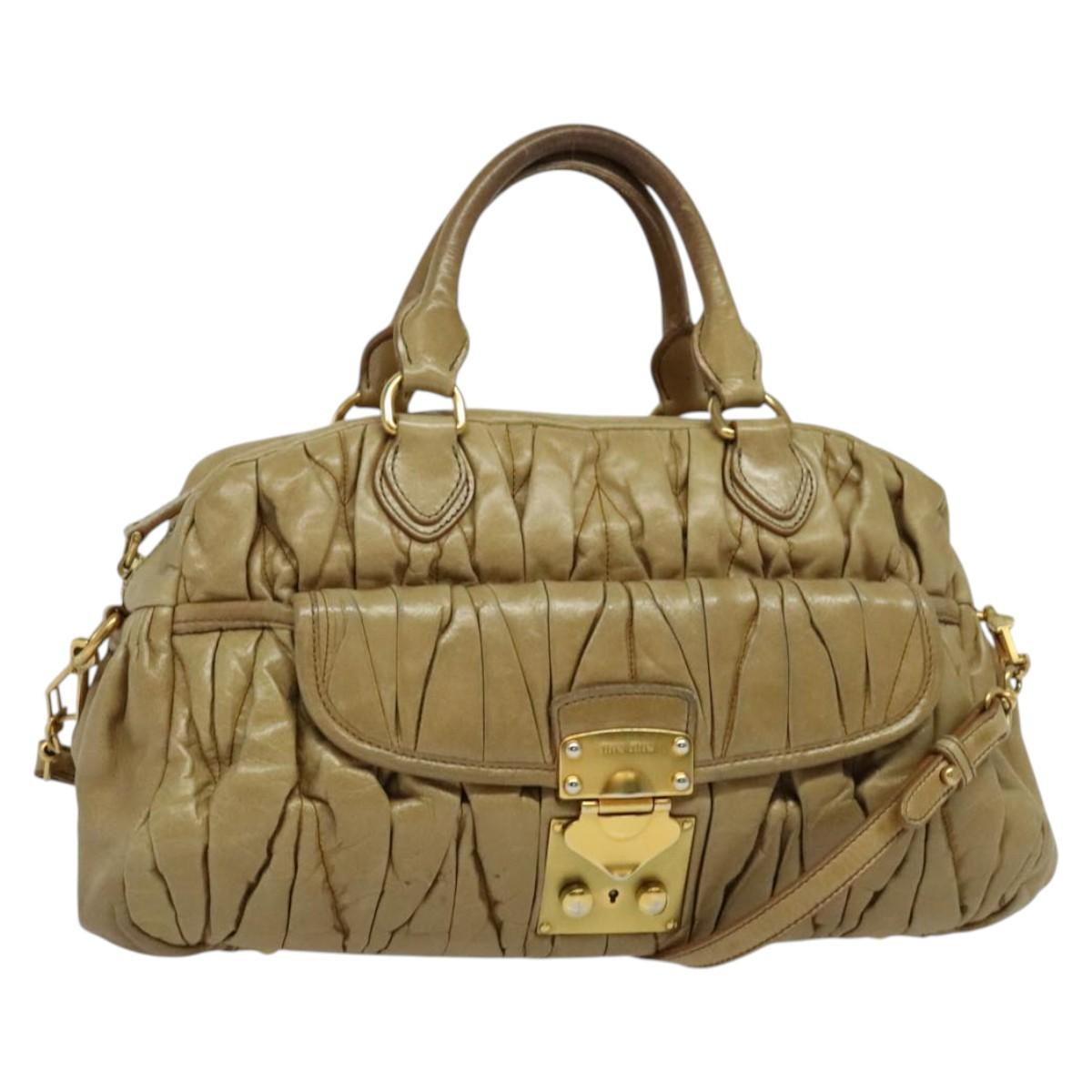 Miu Miu Hand Bag Leather 2way Beige Gold Auth 140809
