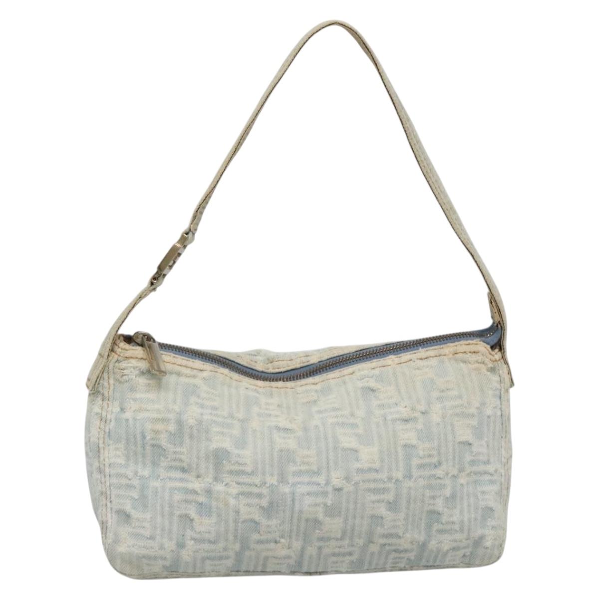 FENDI Zucca Canvas Shoulder Bag Denim Light Blue Gold Auth 140817