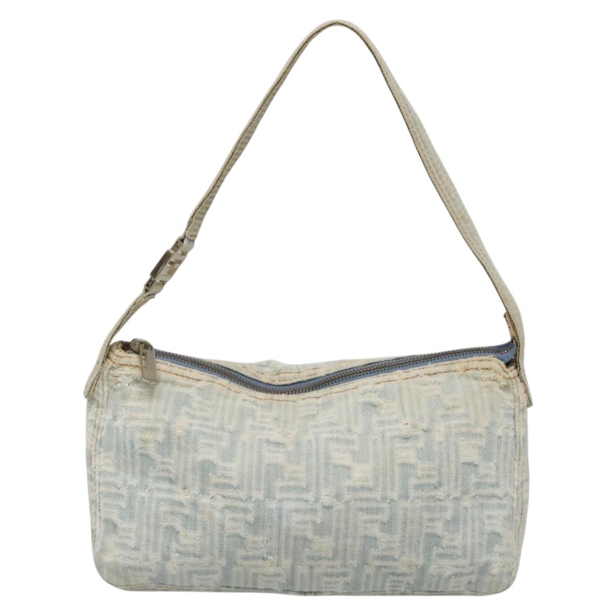 FENDI Zucca Canvas Shoulder Bag Denim Light Blue Gold Auth 140817
