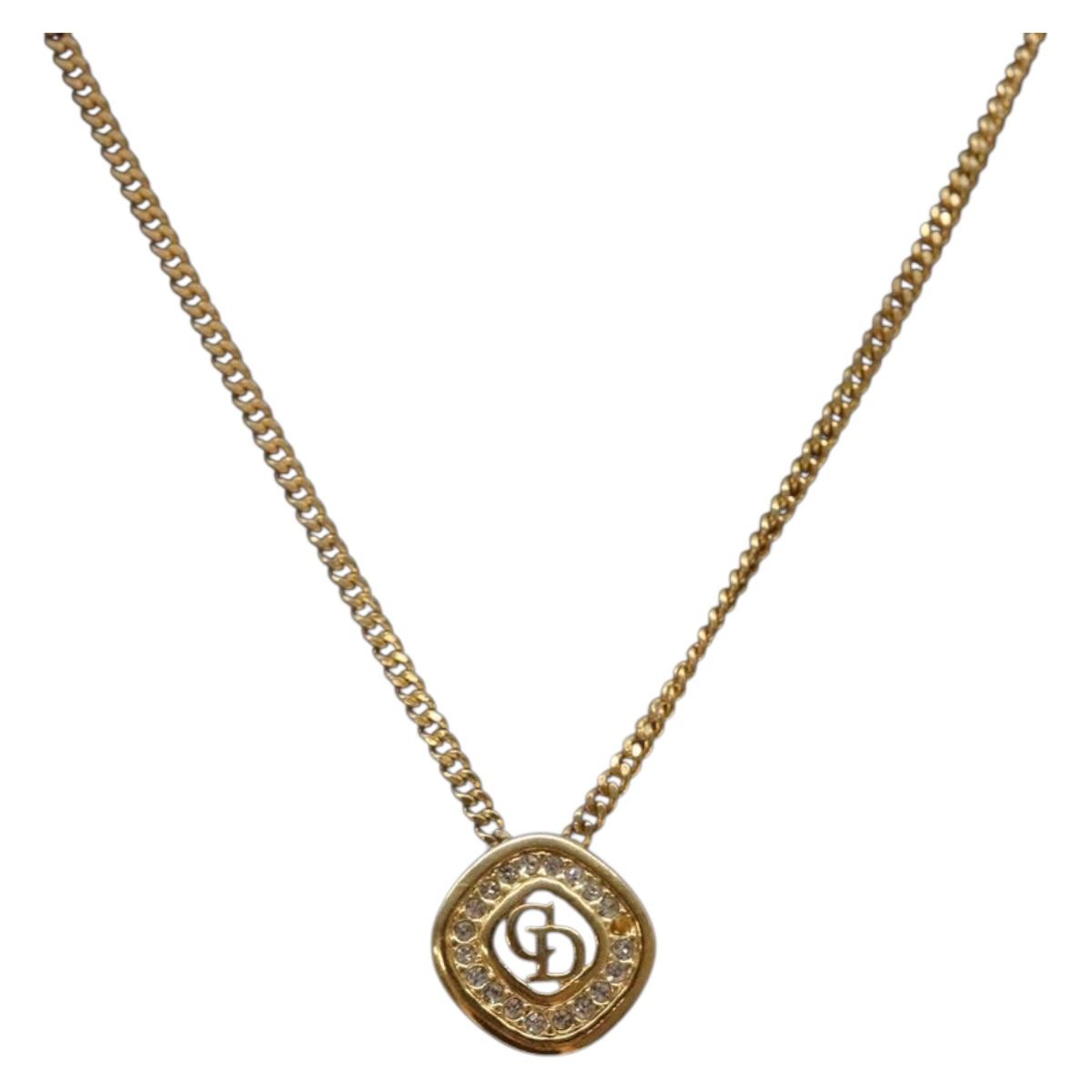 Christian Dior Stone Necklace metal Gold Tone Auth 140828