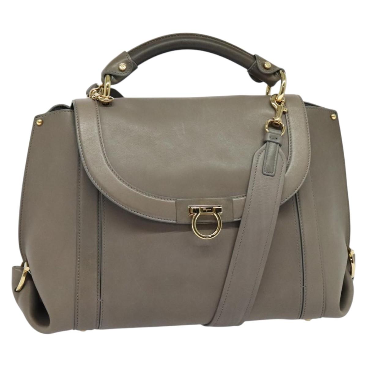 Salvatore Ferragamo Gancini Hand Bag Leather 2way Gray Gold Auth 140858
