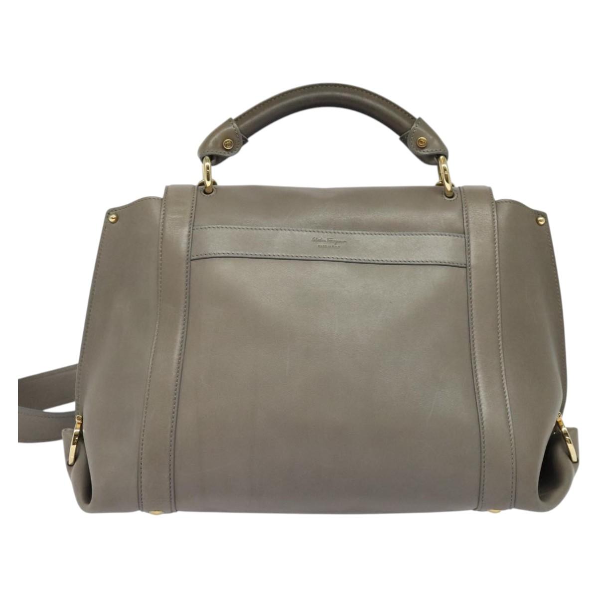 Salvatore Ferragamo Gancini Hand Bag Leather 2way Gray Gold Auth 140858