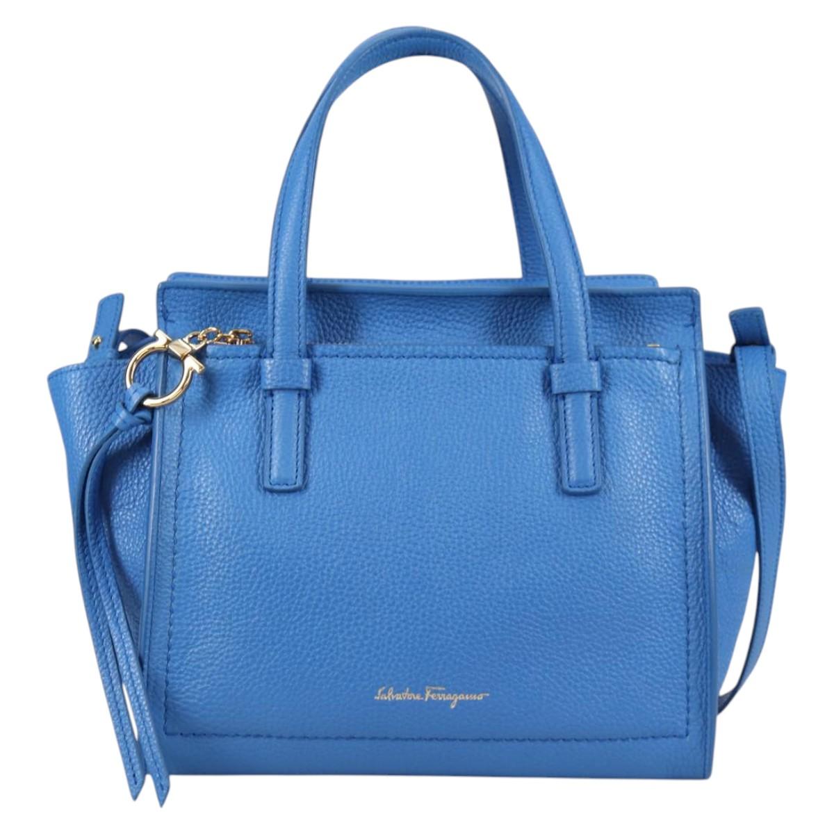 Salvatore Ferragamo Gancini Hand Bag Leather 2way Blue Gold Auth 140859V